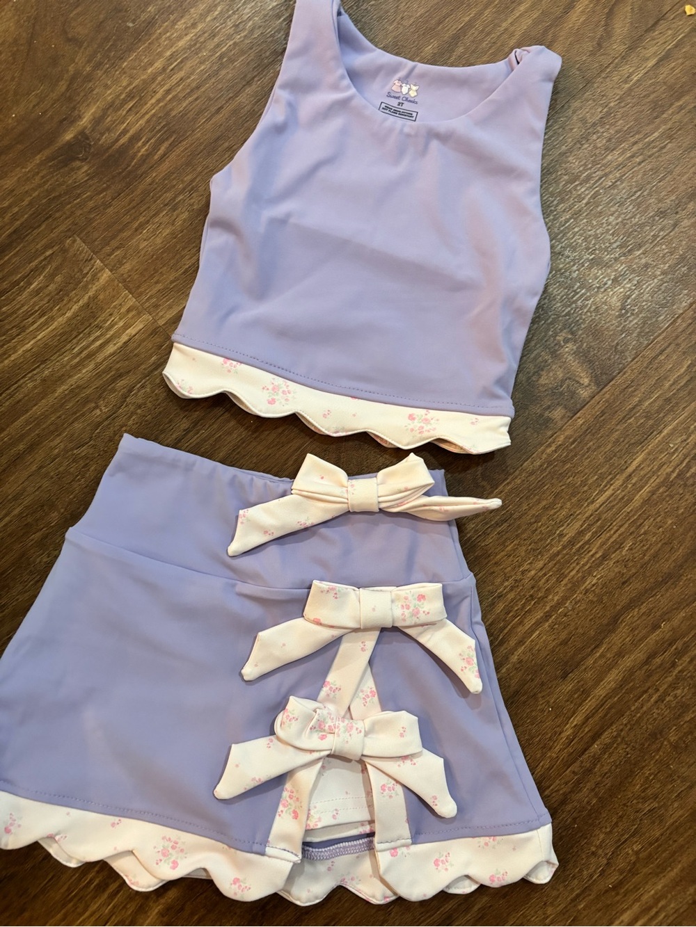 Girls Purple Two-Piece Matching Athletic Set with Floral Trim